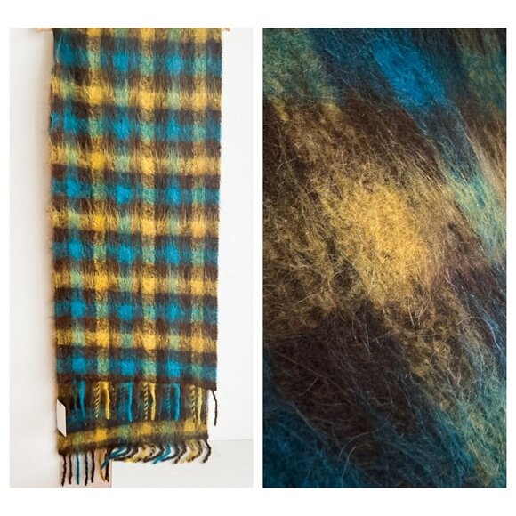 Caterina De Medici Blue Brown Plaid Mohair Alpaca Wool Large scarf - Picture 1 of 10